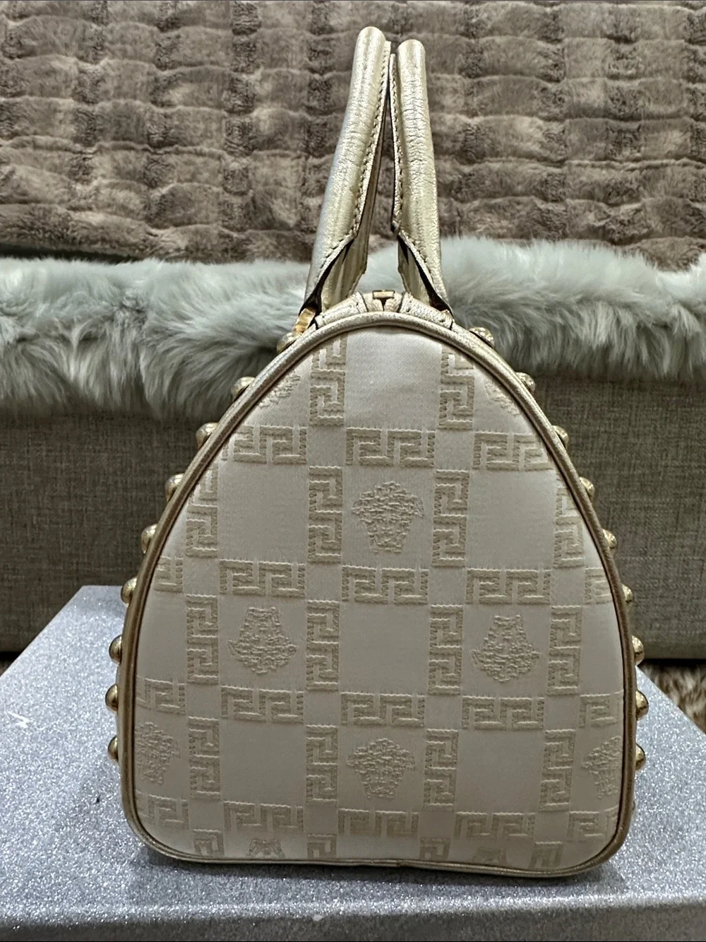 VERSACE Gold and Cream Logo Medusa & Greek key chain Satchel Handbag w/ lock-key